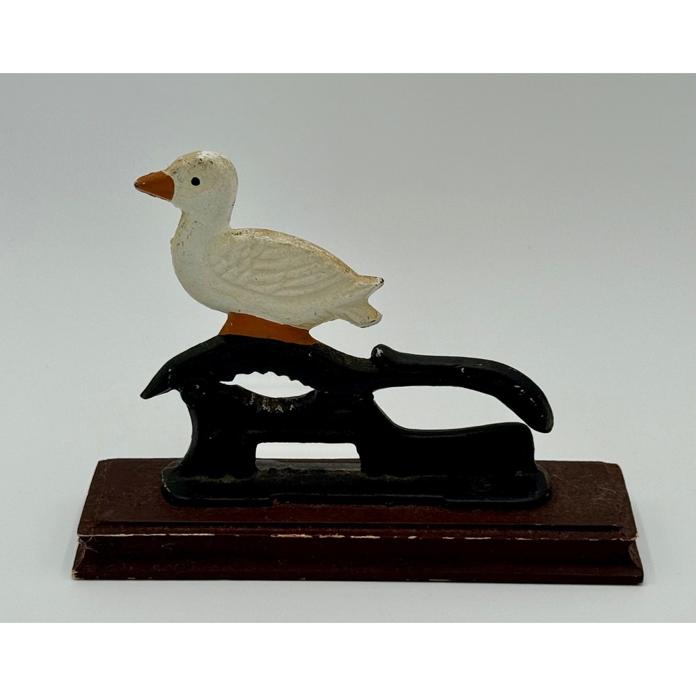 Vintage Cast Iron Duck Nutcracker Hand Painted Goose on Wood Base Rustic Decor - Picture 3 of 8
